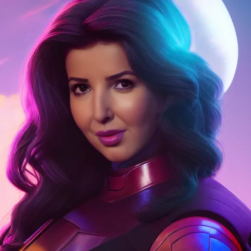 Image similar to a portrait of nancy ajram as thanos, the pixar adaptation, with same hairstyle, hyper detailed, digital art, trending in artstation, cinematic lighting, studio quality, smooth render, unreal engine 5 rendered, octane rendered