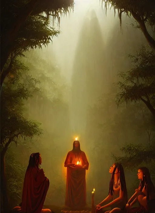 Prompt: a shamanic ceremony in the jungle by night with a shaman invoking spirits, matte painting, art by christophe vacher