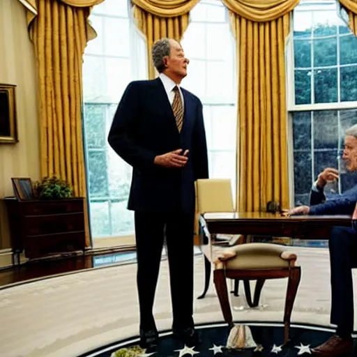 Prompt: an alien is talking with president bush, in oval office, realistic