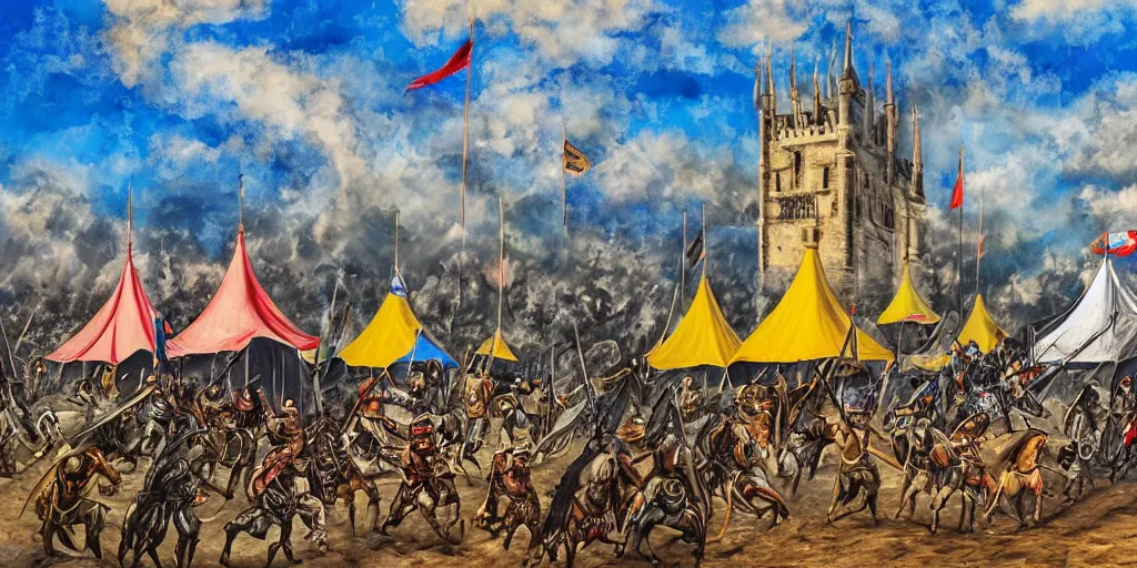 Prompt: h. r. giger style painting of medieval knights jousting, grand castle tournament grounds, colorful knight tents setup with unique sigils and banners, beautiful partly cloudy day