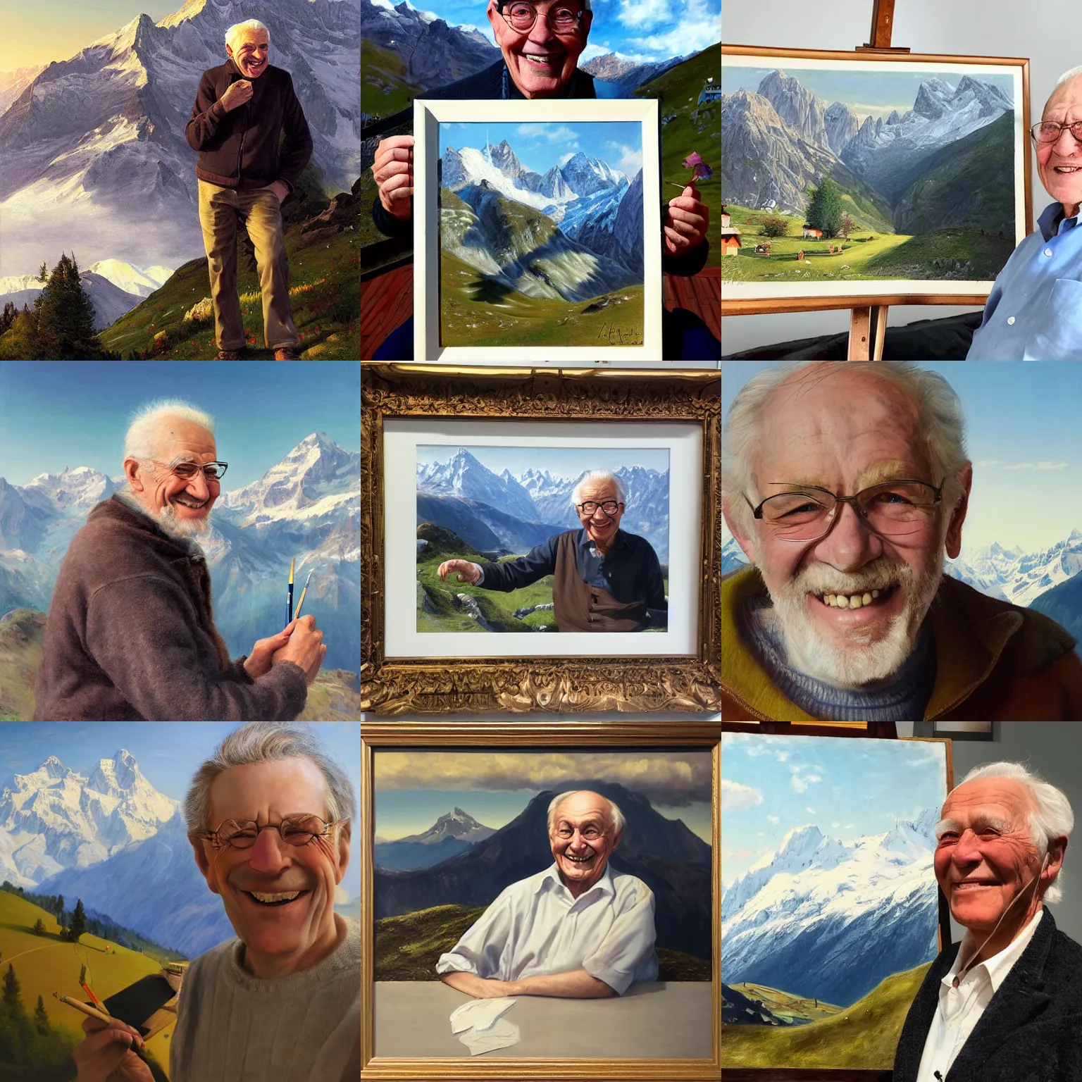 Prompt: portrait of a smiling friendly elderly man, in the Swiss Alps, mountains in background, painting by Albert Edelfelt, by Artgerm