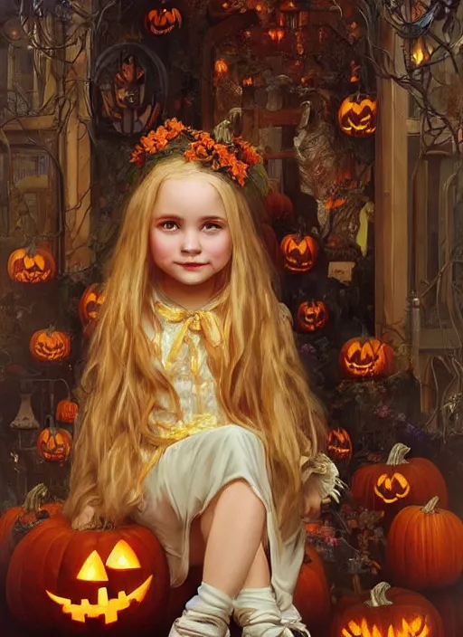 Image similar to a happy little girl with long straight golden blonde hair sitting amidst halloween decor, skulls and pumpkins. beautiful highly detailed face, beautiful painting by artgerm and greg rutkowski and alphonse mucha