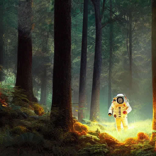 Image similar to american astronaut in the forest, plants environment, wide angle, cinematic lighting, atmospheric, realistic, octane render, highly detailed, in the style of craig mullins