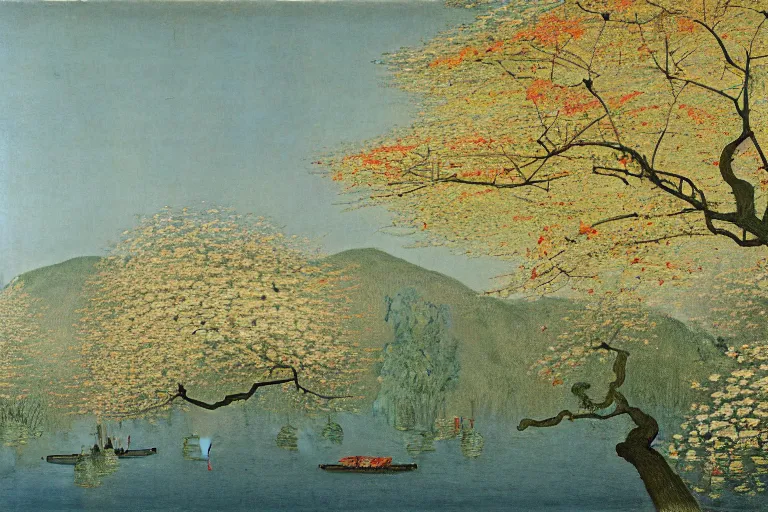 Image similar to an ultradetailed landscape painting of westlake in china hangzhou, light yellow may flowers blossoms nearby, autumn wind, chinese water color, smooth, sharp focus, illustration, by hilma af klint, 8 k