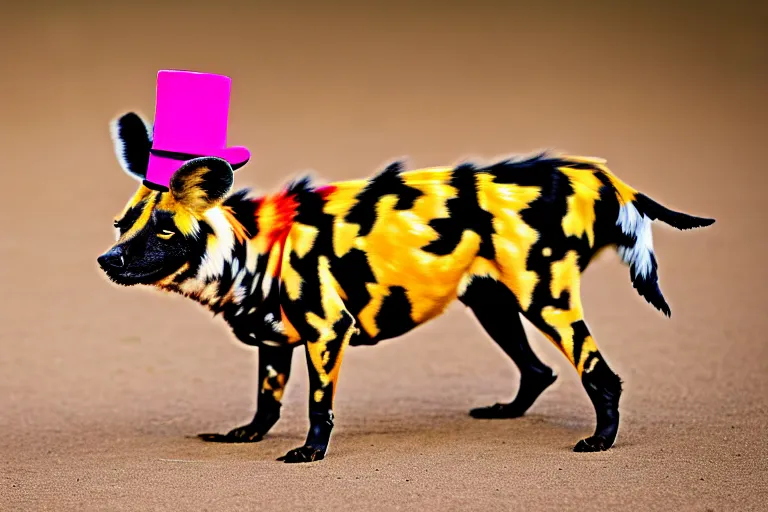 Prompt: A photo of the world's greatest showman: the african painted dog dressed in a hat!