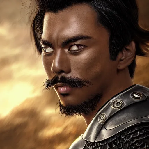 Prompt: anime of latino man with facial hair, small mustache, brown eyes, full body, reptile armor by akira toriyama hyper realistic, dark fantasy detailed, high definition insanely detailed, bitter wide angle lens dark lighting, moody lighting