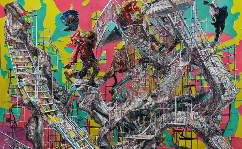 Prompt: chutes and ladders. detailed abstract painting by bordalo ii, by mc escher, by raqib shaw, japanese popsurrealism,