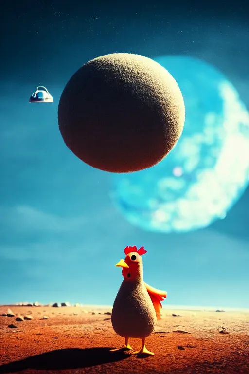 Image similar to a lonely chicken wearing a space suit without helmet in a alien planet, profile picture, digital art, concept art, trending on DeviantArt, highly detailed, high quality, 4K, cartoon, high coherence, path traced, blue sky in the background, octane render, digital painting, no helmet, masterpiece, anatomically correct, hyperrealistic