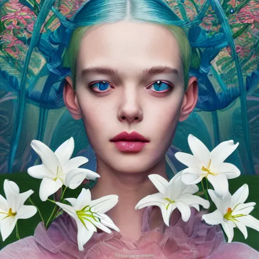 Image similar to pretty model with white lilies : : by martine johanna and simon stalenhag and chie yoshii and casey weldon and wlop : : ornate, dynamic, particulate, rich colors, intricate, elegant, highly detailed, vogue, botanical, harper's bazaar art, fashion magazine, smooth, sharp focus, 8 k, octane render