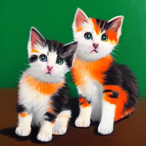 Image similar to close up of two beautiful calico kittens with orange, black and white colored fur, outside on a beautiful day, beautiful painting, featured on artstation, cgsociety, behance hd