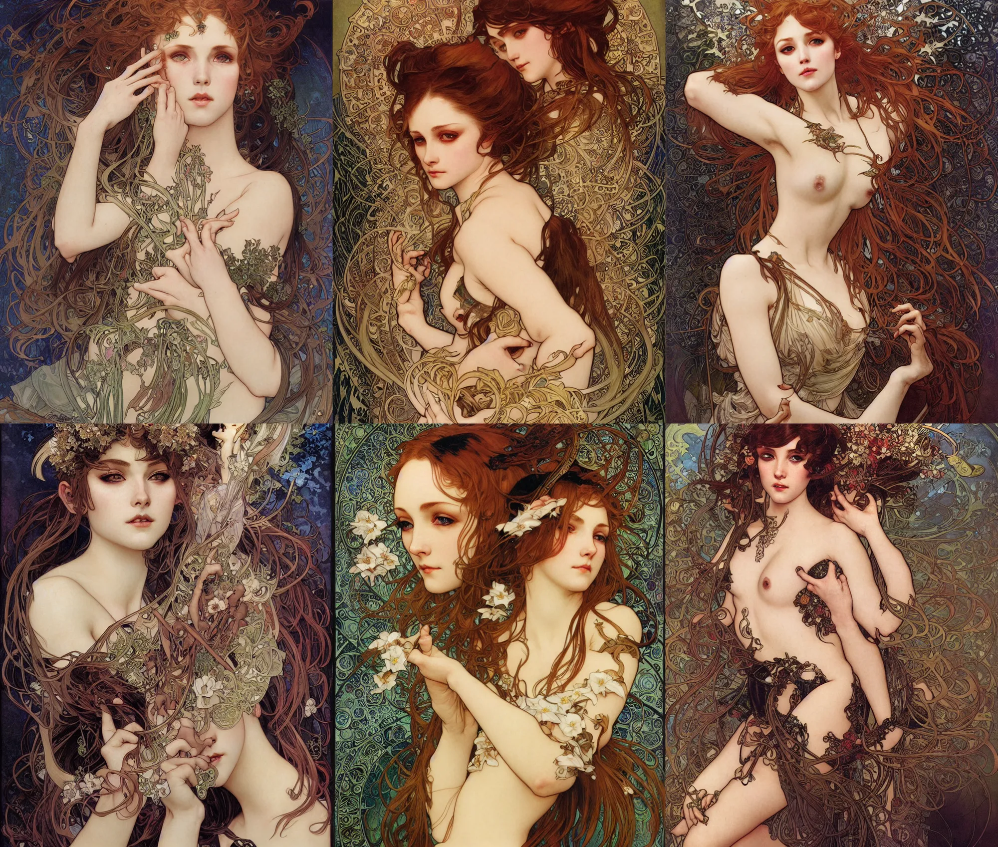 Prompt: Realistic detailed full portrait of a sensual Midna Twili by Alphonse Mucha, Ayami Kojima, Amano, Charlie Bowater, Karol Bak, Greg Hildebrandt, Jean Delville, and Mark Brooks