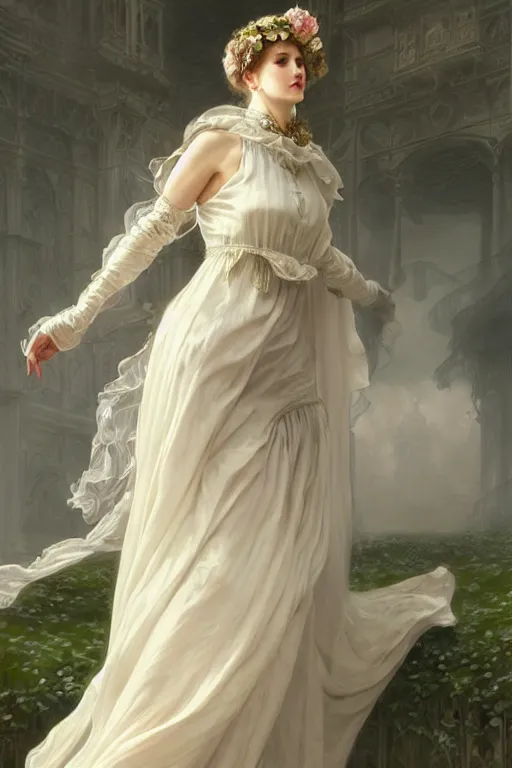 Image similar to woman dressed in a vaporous wrapped large victorian white roses semi transparent silk rose dress fashion, renaissance panorama behind her,D&D, fantasy, intricate, elegant, highly detailed, digital painting, artstation, concept art, matte, sharp focus, illustration, art by Artgerm and Greg Rutkowski and Alphonse Mucha