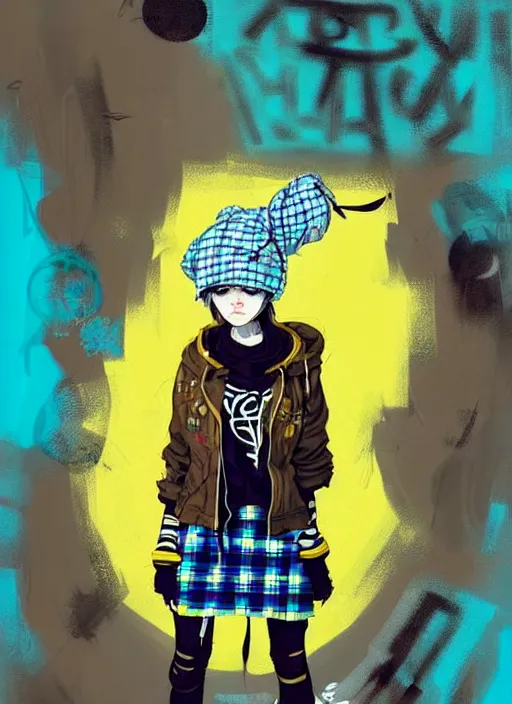 Image similar to highly detailed portrait of a sewer punk lady student, blue eyes, tartan hoody, hat, white hair by atey ghailan, by greg tocchini, by kaethe butcher, gradient yellow, black, brown and cyan color scheme, grunge aesthetic!!! ( ( graffiti tag wall flat colour background ) )