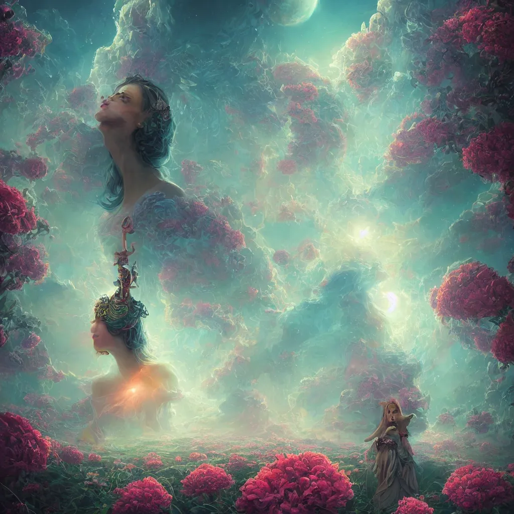 Image similar to concept art, a goddess of world full of life divine thrill of the biological tranquil sky, atoms floating, cosmic horror, gothic harts, flowers, artwork by beeple and lisa frank fantasy, intricate, elegant, highly detailed, digital painting, artstation, concept art, art by artgerm and greg rutkowski