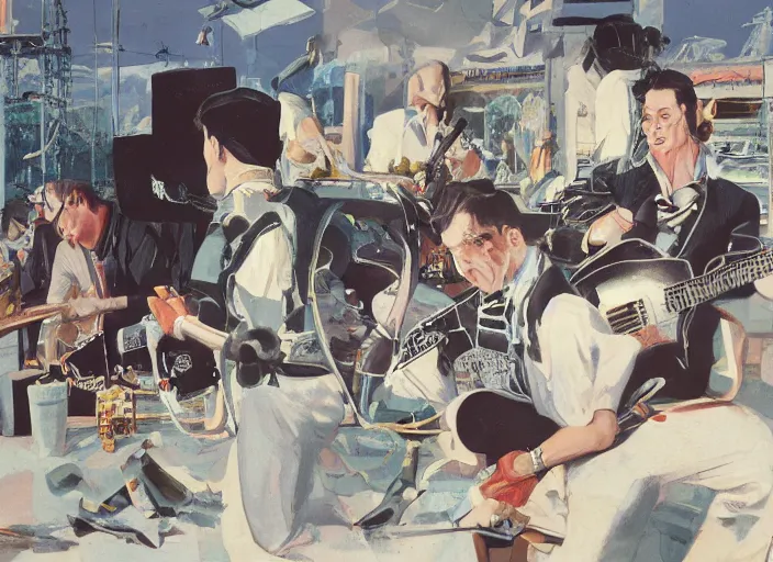Image similar to rockabilly band 1950s, high detail, golden hour, 8K, by syd mead