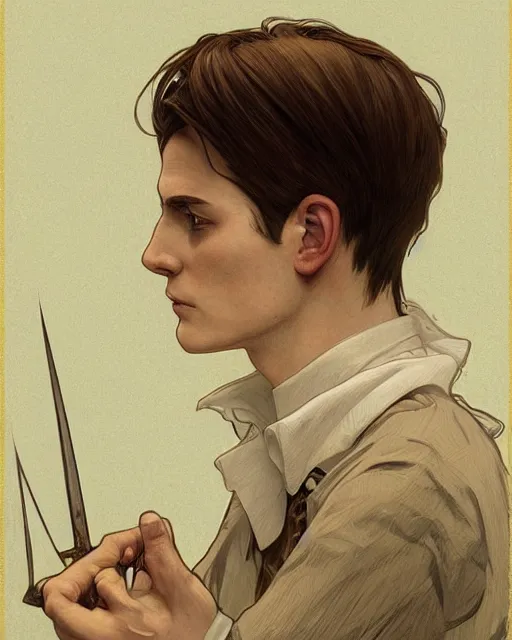 Image similar to cottagecore, man, Levi Ackerman, short hair, pointy nose, annoyed, wearing a maid outfit.elegant. highly detailed, digital painting, artstation, concept art, smooth, sharp, focus, illustration. art by artgerm and greg rutkowski alphonse mucha and Marat Safin