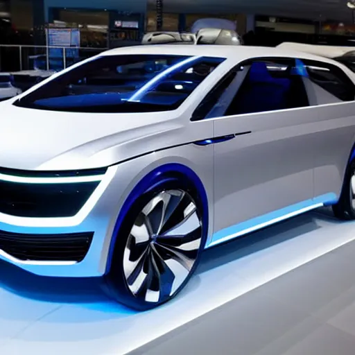 Prompt: a volkswagen concept car for the metaverse in a showroom