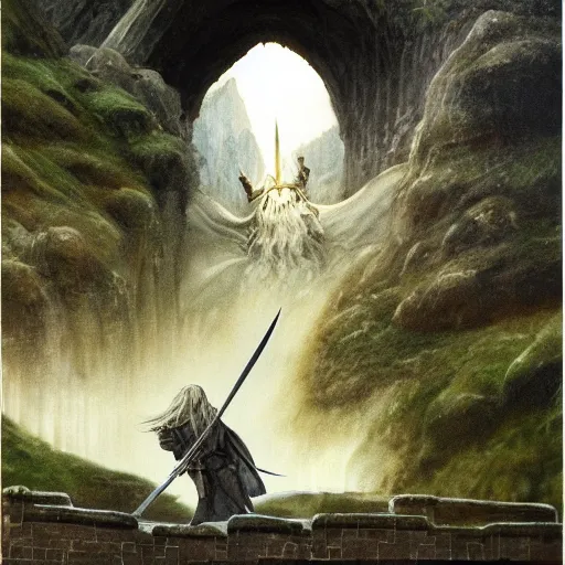 Image similar to beautiful gandalf with a sword in his hand on a bridge fighting the balrog, by alan lee, lord of the rings, smooth, detailed terrain, oil painting, matte painting, concept art, trending on artstation