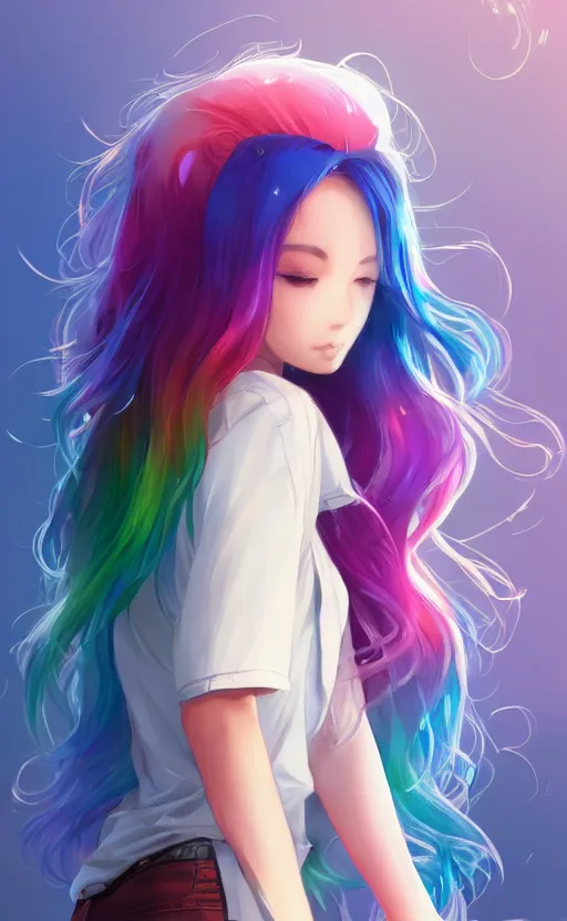 Prompt: a kawaii woman with rainbow hair, happy, summer time, soft eyes and narrow chin, dainty figure, long hair straight down, kawaii shirt and jeans, basic white background, In style of by Jordan Grimmer and greg rutkowski, crisp lines and color