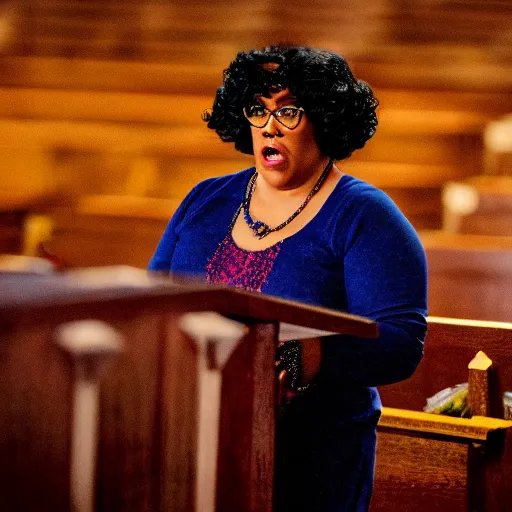 Prompt: a cinematic still of Madea preaching at a Baptist Church in Rural Tennessee, portrait, shallow depth of field, close up