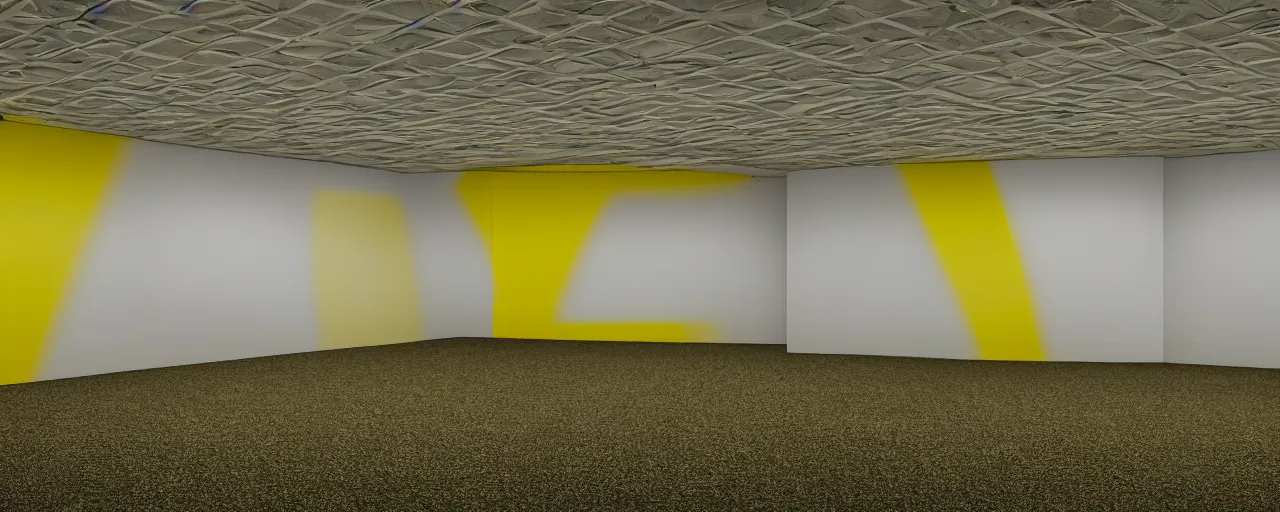 Prompt: carpet, walls with a monochromatic tone of yellow, and buzzing fluorescent lights, extremely high detail, photo realistic, post processed, cinematic, 8k UHD