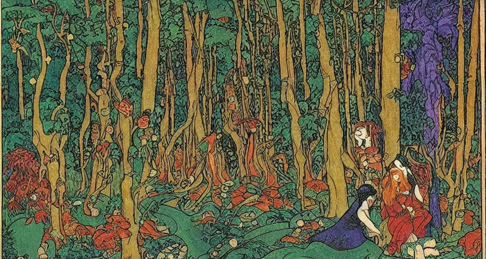 Prompt: Enchanted and magic forest, by Ivan Bilibin,