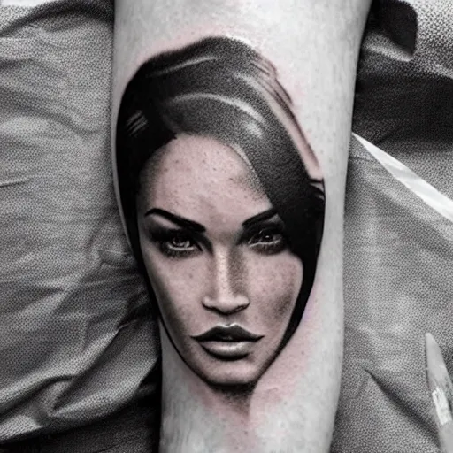 Image similar to double exposure tattoo sketch of megan fox with beautiful mountain scenery, hyper - realistic, in the style of den yakovelev, amazing detail, sharp