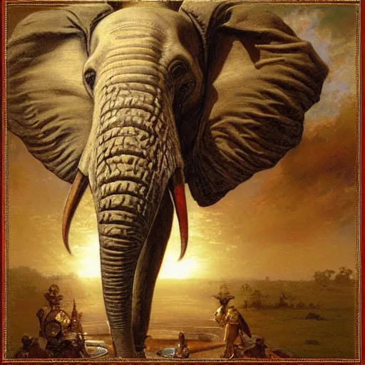 Image similar to srilankan elephant with high - teh steampunk head armour baroque style, painting by gaston bussiere, craig mullins, j. c. leyendecker, lights, art by ernst haeckel, john william godward, hammershøi,