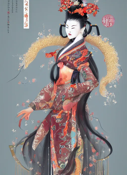 Image similar to full body portrait of a female kitsune peking opera actress by wlop, wuxia, xianxia, kitsune, fox spirit, actress, peking opera, lithe, absurdly beautiful, detailed, realistic, anatomically accurate, fantasy illustration, artstation, wlop, 4 k.