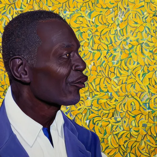 Image similar to a painting of a round face, XXL , smirky, fatherly, loving, caring, generous, ever-present, humble, wise elder from Kenya in a suit by Kehinde Wiley . Fatherly/daddy, focused, loving, leader, relaxed,. ethereal lights, details, smooth, sharp focus, illustration, realistic, cinematic, artstation, award winning, rgb , unreal engine, octane render, cinematic light, macro, depth of field, blur, red light and clouds from the back, highly detailed epic cinematic concept art CG render made in Maya, Blender and Photoshop, octane render, excellent composition, dynamic dramatic cinematic lighting, aesthetic, very inspirational, arthouse.