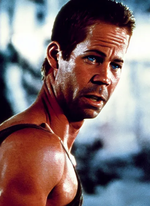 Image similar to film still of Paul Walker as John McClane in Die Hard, 4k