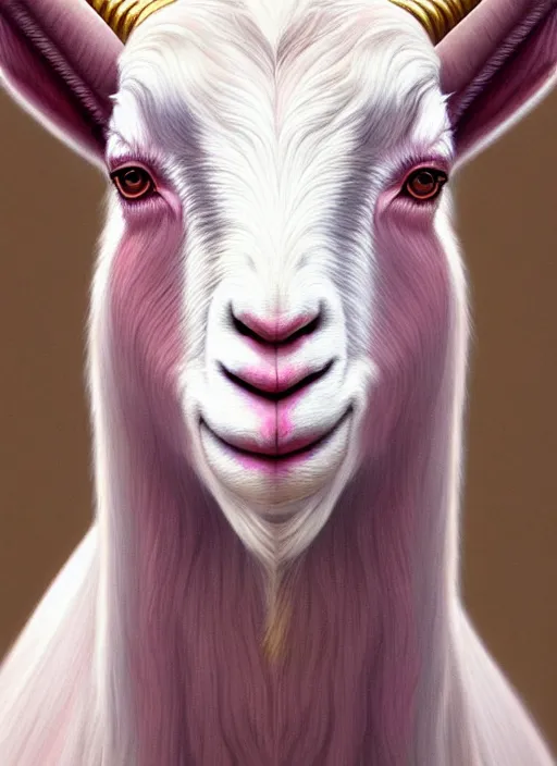 Image similar to dreamlike luxury stunning goat portrait, pale pink and gold, art by artgerm, wlop, loish, ilya kuvshinov, 8 k realistic, hyperdetailed, beautiful lighting, detailed background, depth of field, symmetrical face, frostbite 3 engine, cryengine,