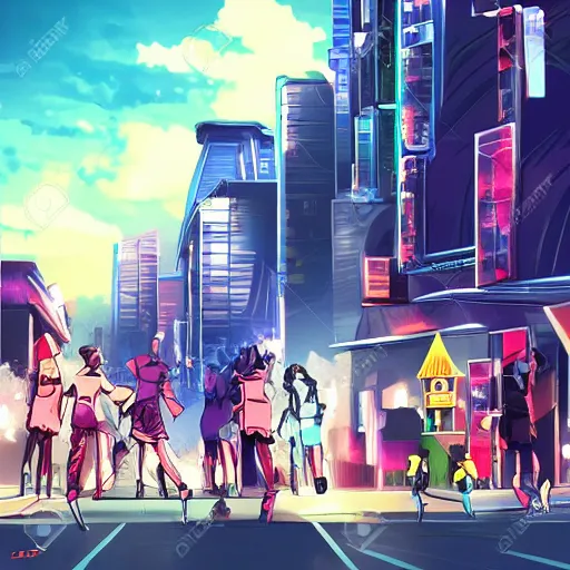 Image similar to futuristic city street with people fighting, anime style