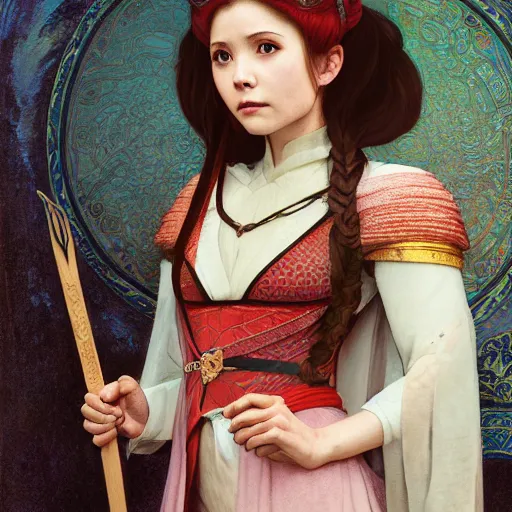 Image similar to a highly detailed portrait of buffy the vampire slayer as a medieval chinese princess, beautiful detail and color, art by john collier and albert aublet and krenz cushart and artem demura and alphonse mucha, volumetric lighting, octane render, 4 k resolution, matte, sharp focus, illustration, art by greg rutkowski and alphonse mucha