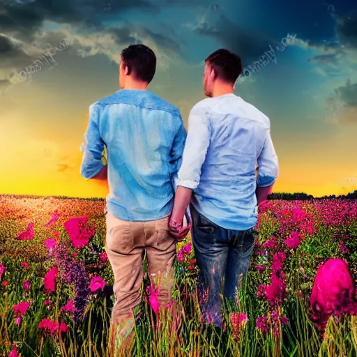 Image similar to a gay couple holding hands in a field of flowers at sunset, realistic, intricate, 4k