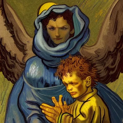 Image similar to guardian angel protecting child by michelangelo and Van Gogh, very detailed, deviantart, artstation