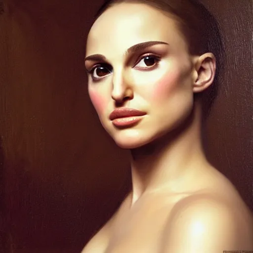 Prompt: portrait en buste young Natalie Portman in poofy dress by Roberto Ferri, realist