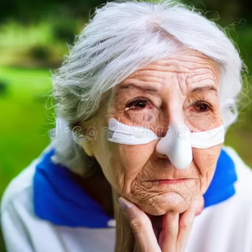 Image similar to an older woman sitting in a park wearing a thin translucent oxygen line under her nose, 4 k, stock photo