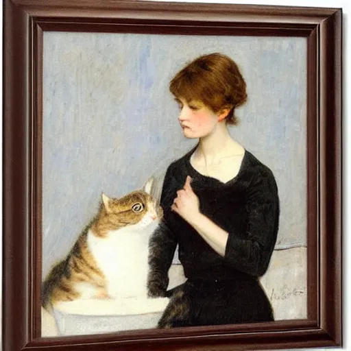 Image similar to young woman petting her cat by alfred stevens