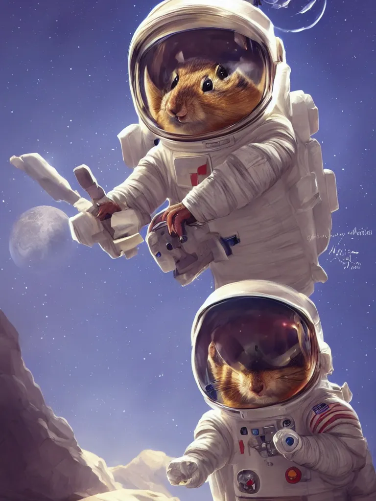 Prompt: an adorable chipmunk in an astronaut suit on the moon, warm lighting with cool shadows, digital painting, detailed, trending on artstation, in the style of dominik mayer thomas dubois, gaston bussiere