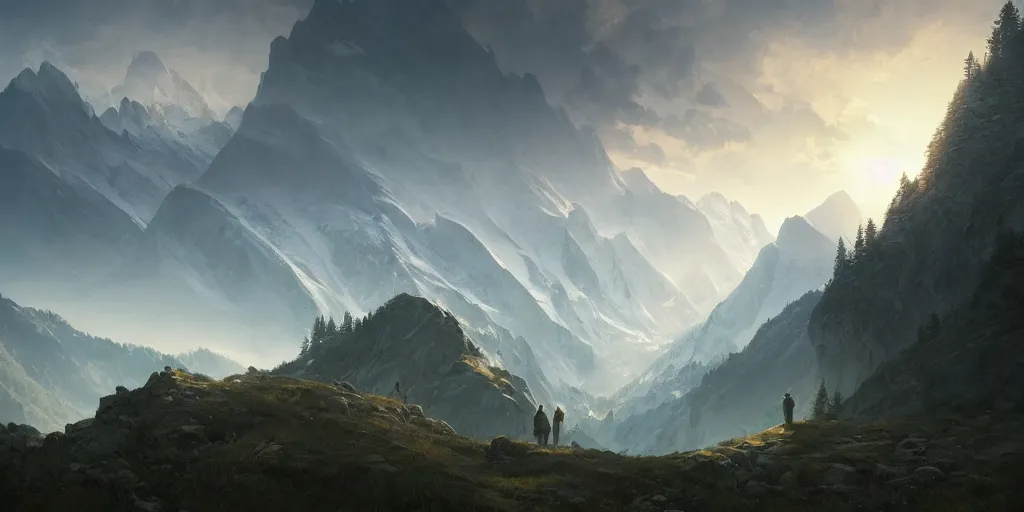 Image similar to beautiful alps landscape, godrays, magnificent, luxury, detailed, sharp focus, close up, low angle, high detail, volumetric, illustration, cold lighting, by jordan grimmer and greg rutkowski, trending on artstation, pixiv