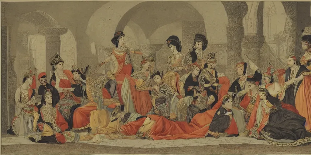 Prompt: sultan and his harem, lithograph