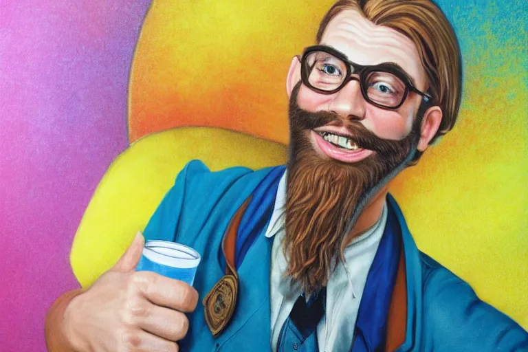 Image similar to a young man holding a beer giving a thumbs up with a long beard, airbrush painted, 80s poster, detailed, uncropped