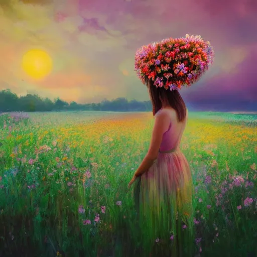 Image similar to girl with a blooming flower head, surreal photography, dream, standing in flower field, magical, in a valley, sunrise dramatic light, impressionist painting, colorful clouds, artstation, simon stalenhag, flower face