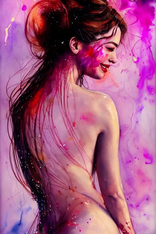 Prompt: sexy seductive little smile sophia vergara by agnes cecile enki bilal moebius, intricated details, spreading legs, 3 / 4 back view, hair styled in a bun, bend over posture, full body portrait, extremely luminous bright design, pastel colours, drips, autumn lights