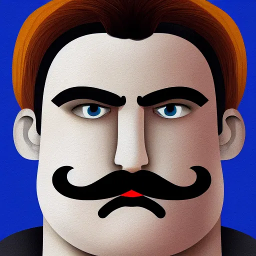 Prompt: face portrait a big beefy man with a large face, thick dark hair, a bushy black moustache, without beard, with hardly any neck and mean little eyes, highly detailed, digital art, sharp focus, trending on art station, colourful drawing