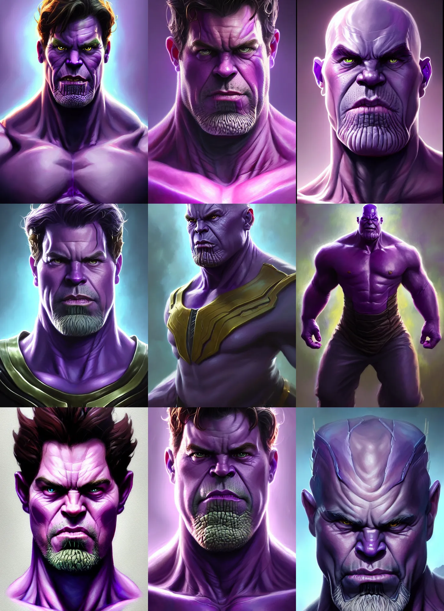 Prompt: a fantasy style portrait painting a character if bruce banner and thanos had a son, purple skin, powerful chin, thanos style traits, painting, unreal 5, daz., rpg, portrait, extremely detailed, artgerm greg rutkowski _ greg