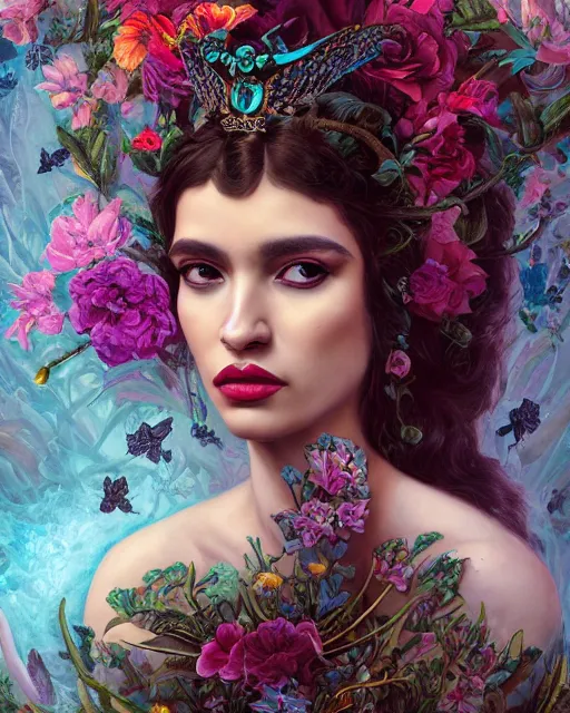 Image similar to portrait of the mexican queen of the underworld, surrounded by flowers by karol bak, james jean, tom bagshaw, rococo, sharp focus, trending on artstation, cinematic lighting, hyper realism, octane render, 8 k, hyper detailed.