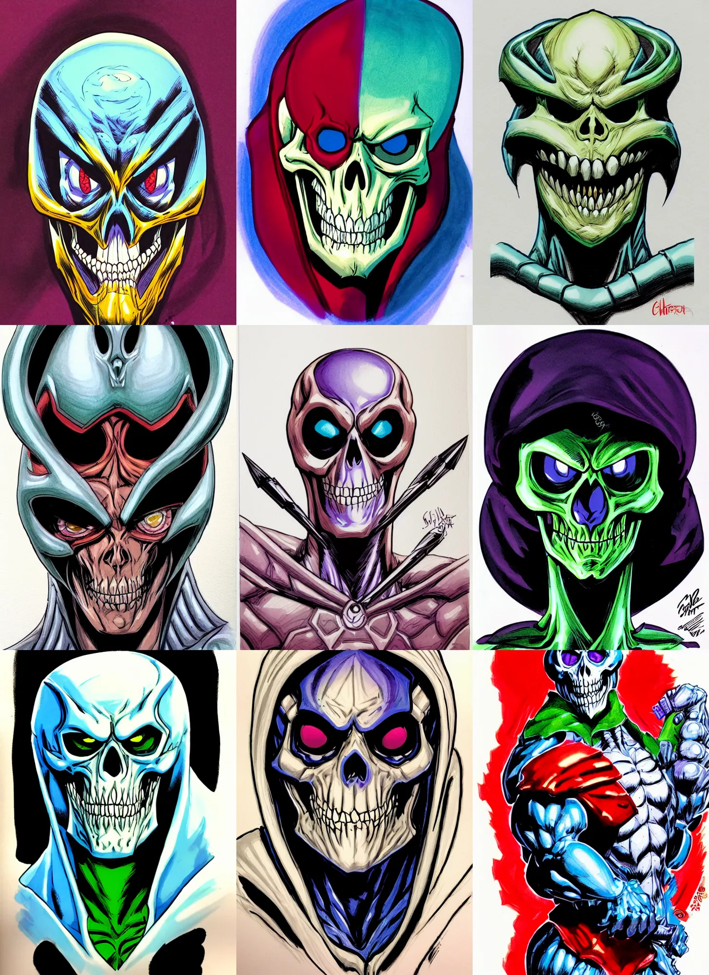 Prompt: macro head shot centered ink colored airbrushed gouache sketch by cliff chiang!!! centered symmetrical headshot of maniac skeletor in the style ofj scott campbell