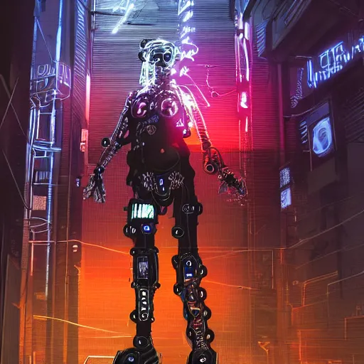 Image similar to cybernetically enhanced hyena, neon lights on body, exposed metal and wires, cyberpunk beksinki style, highly detailed video game concept art for cyberpunk 2 0 7 7